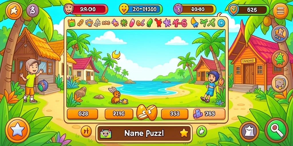 Screenshot menampilkan level pertama dengan grafis cerah.